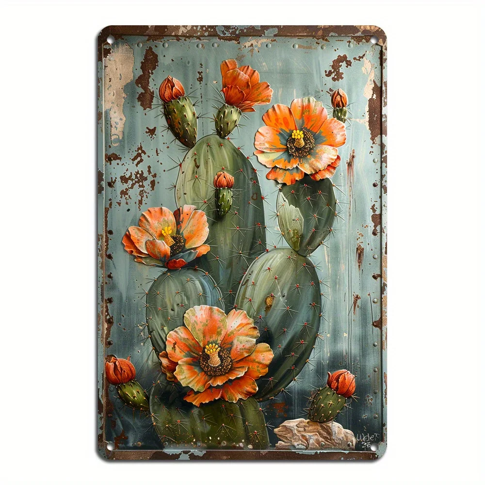 Vintage Cactus and Wild Prairie Rose Metal Tin Sign Rustic Wall Art for Indoor and Outdoor Decoration Water Weather Resistant