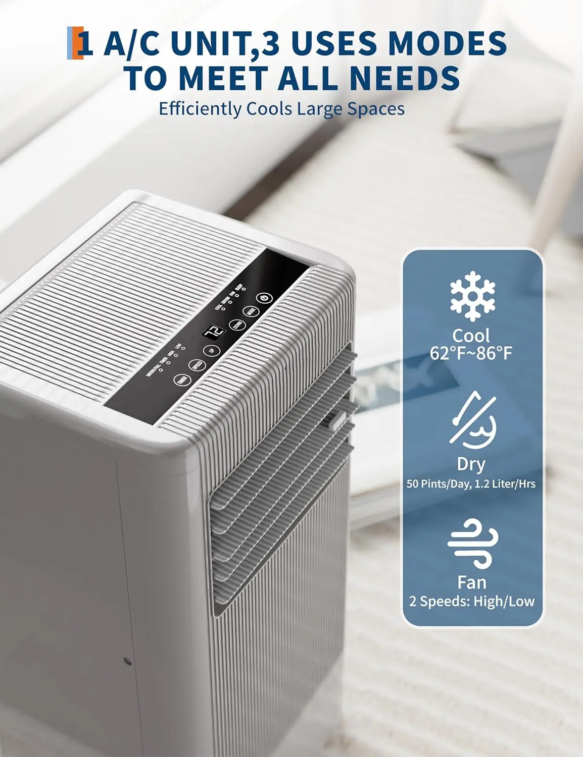 80000 BTU 휴대용 에어컨 3단 속도 & 수면 모드, 3-in-1 냉방 AC 휴대용 에어컨 (실내용), 스탠딩 에어컨
