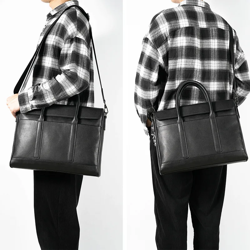 Genuine leather men's simple high-end briefcase, large capacity 14-inch computer bag, high-end single-shoulder bag for travel