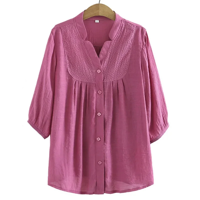 

Summer Middle-aged Women Cotton Linen Shirts Oversize Loose Blouses V-neck Short Sleeves Casual Overshirt Mother Tees Comfy Tops