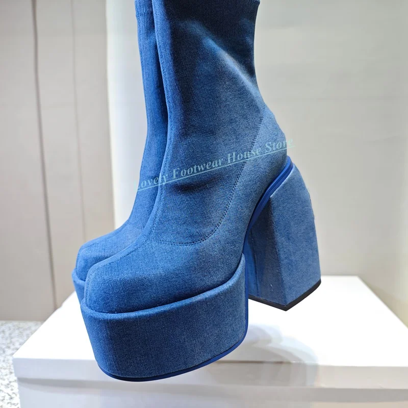 Breathable Blue Denim Stretch Woman Ankle Boots Square High Heel With Platform Female Slip On Round Toe High Top Boots Shoes