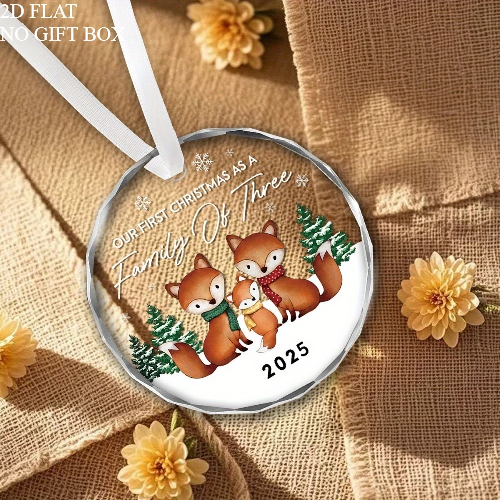 مسطح ثنائي الأبعاد، 1 كريستال ثلاثي الأجيال للعائلة أول زينة عيد الميلاد - تذكار كروي شفاف 8.0 سم مع عائلة الثعلب