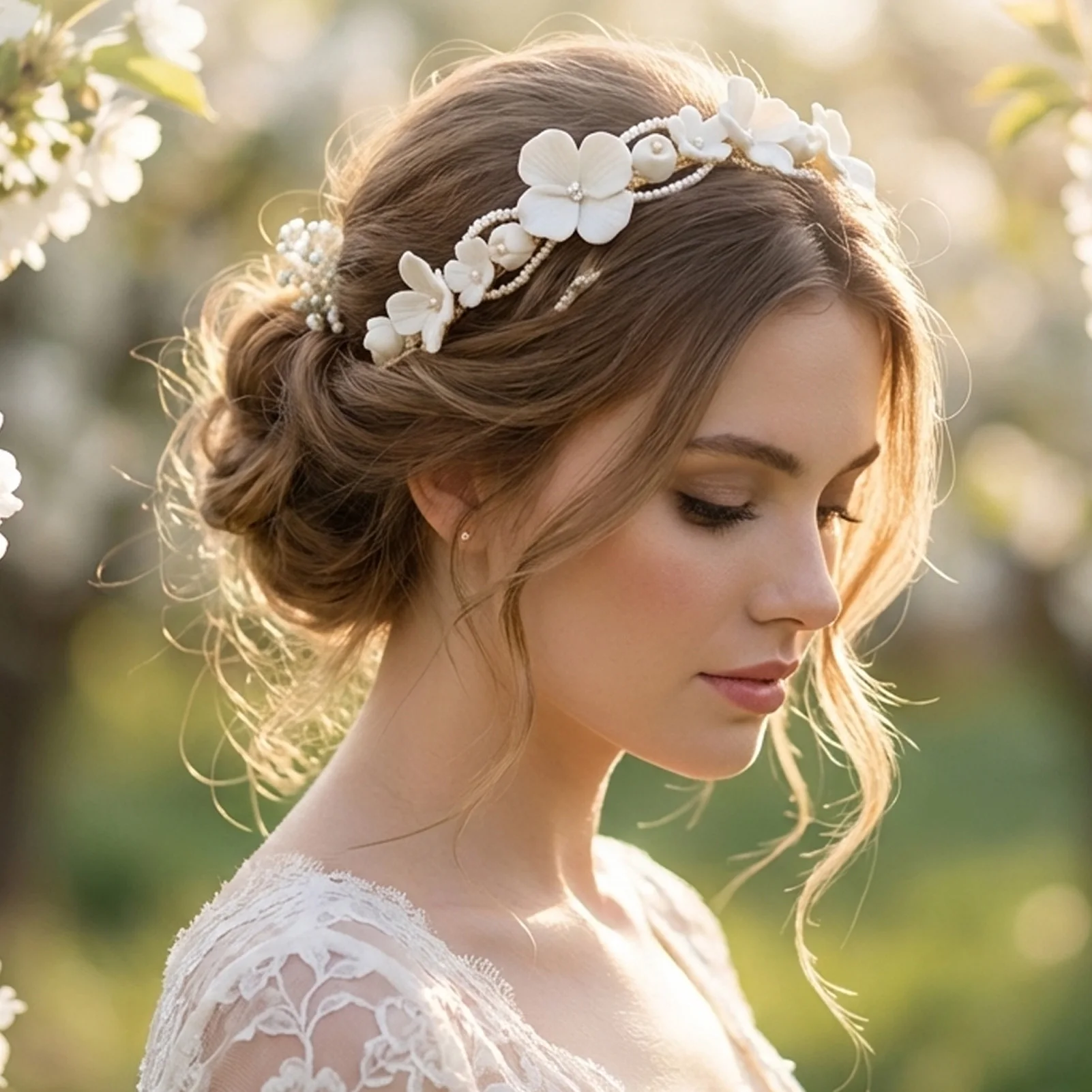 

Свадебная повязка для волос с керамическими цветами и жемчугом для свадебной фотосессии, элегантная повязка в европейском стиле для невесты и вечеринок