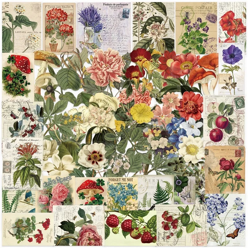 50PCS Vintage Flower PET Sticker Aesthetic Decoration Scrapbooking DIY Hand Accounting Stationery Supplies