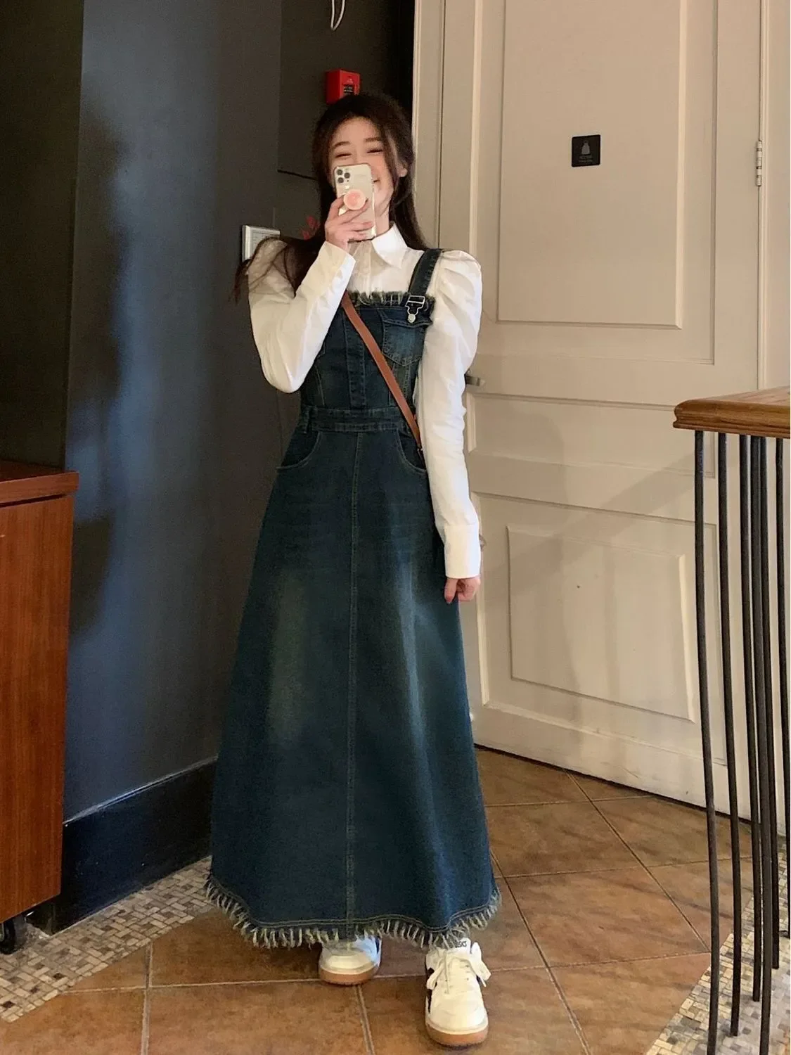 plus Size Denim Overalls Women's Early Spring Fashionable Outfit High Waist Breathable Long Sleeve Shirt Dress with Buttons