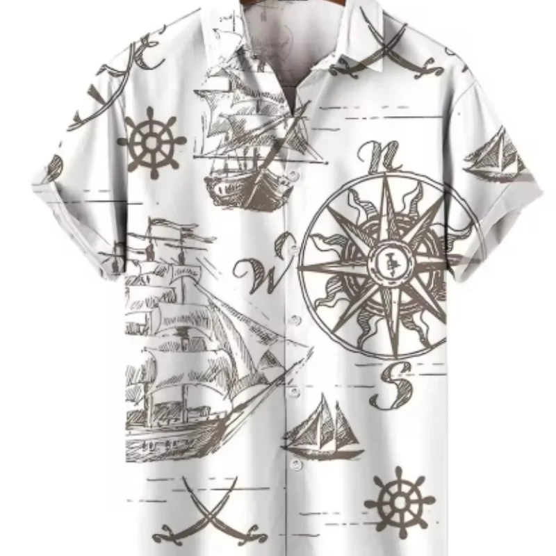 Kemeja Olahraga Pantai Hawaii Pria Atasan Pria Musim Panas Lengan Pendek Kasual Motif Perahu Layar 3D