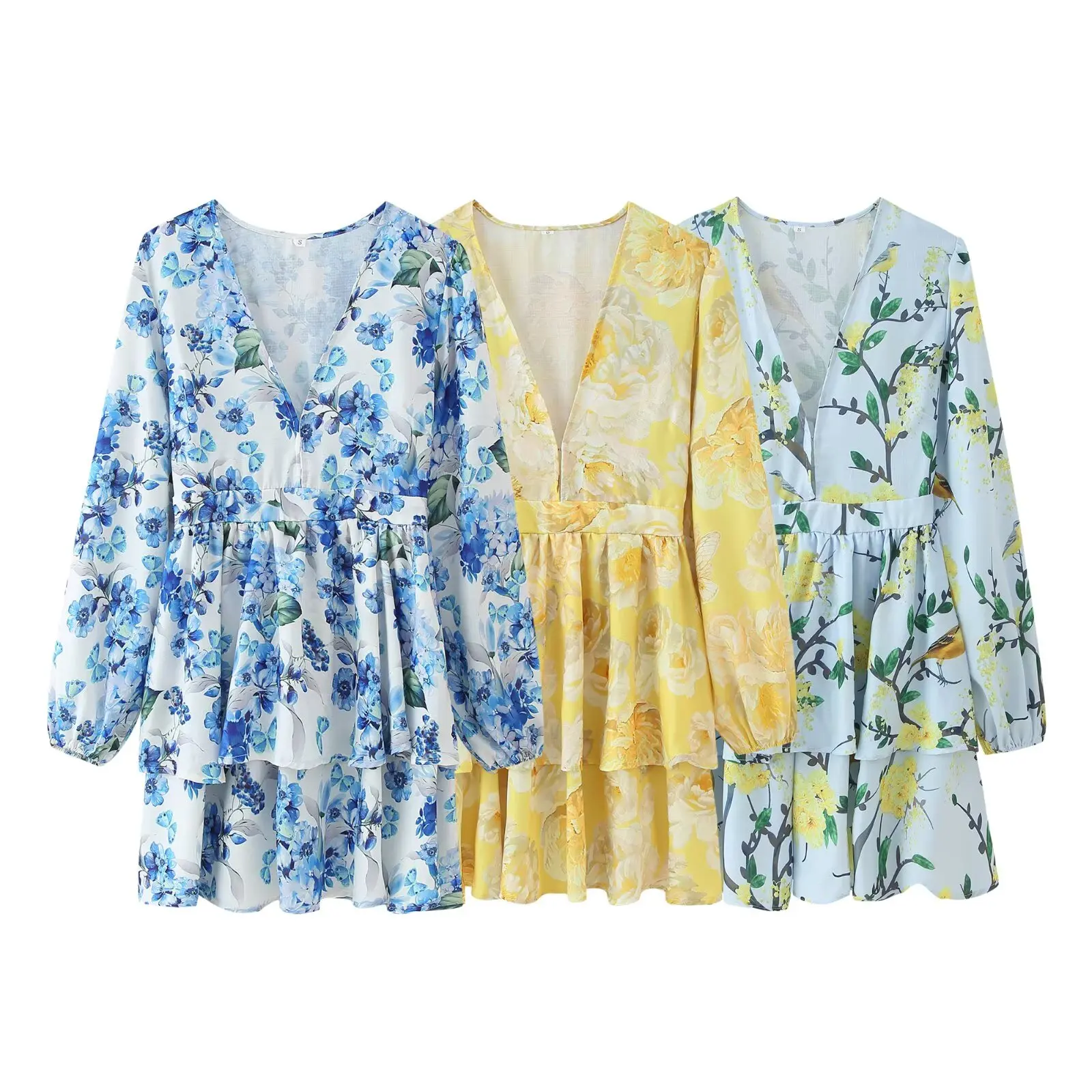 

UNIZERA women's fashionable three color linen print V-neck lantern sleeves temperament summer new dress
