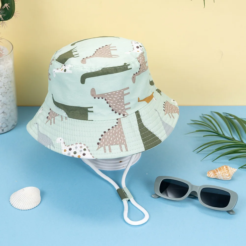 

2Pcs/Lot Cute Cartoon Dinosaur Fisherman's Hat Kids Bucket Caps with String Dino Rectangular Sunglasses Steamship Car Headwraps