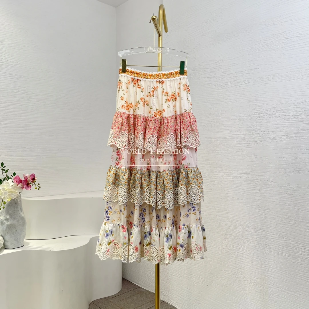 

20224 Linen Spring Summer New Arrival Yellow Hibiscus Print Fashion Elegant Office Lady Skirt for Women