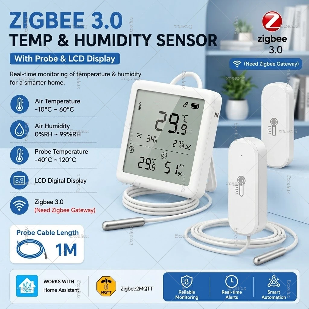 Zigbee 3.0 Temperature Humidity Sensor With External Probe LCD Smart Thermometer Detect Fridge Pool Fish Tank Temp Work With Z2M