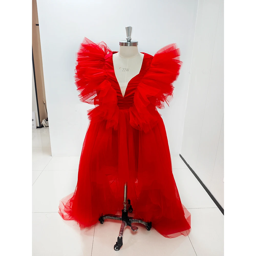 Gaun Prom acara Formal tanpa lengan merah panas High Low Tulle Deep V-neck gaun malam Tutu panjang ruffle pesta Formal 2023