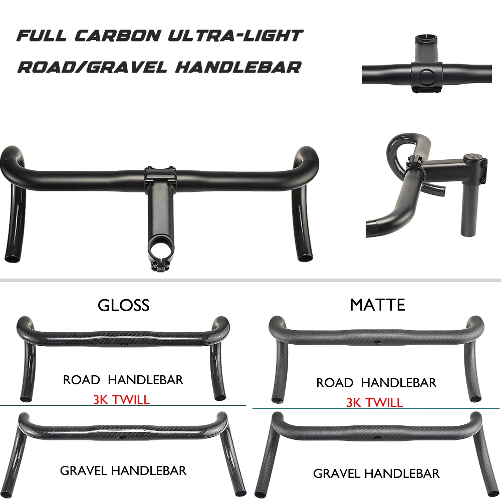 T800 Carbon Fiber Cylindrical Road Bicycle Drop Bar, 380-440mm, 3K/UD Finish, Bicycle Accessories