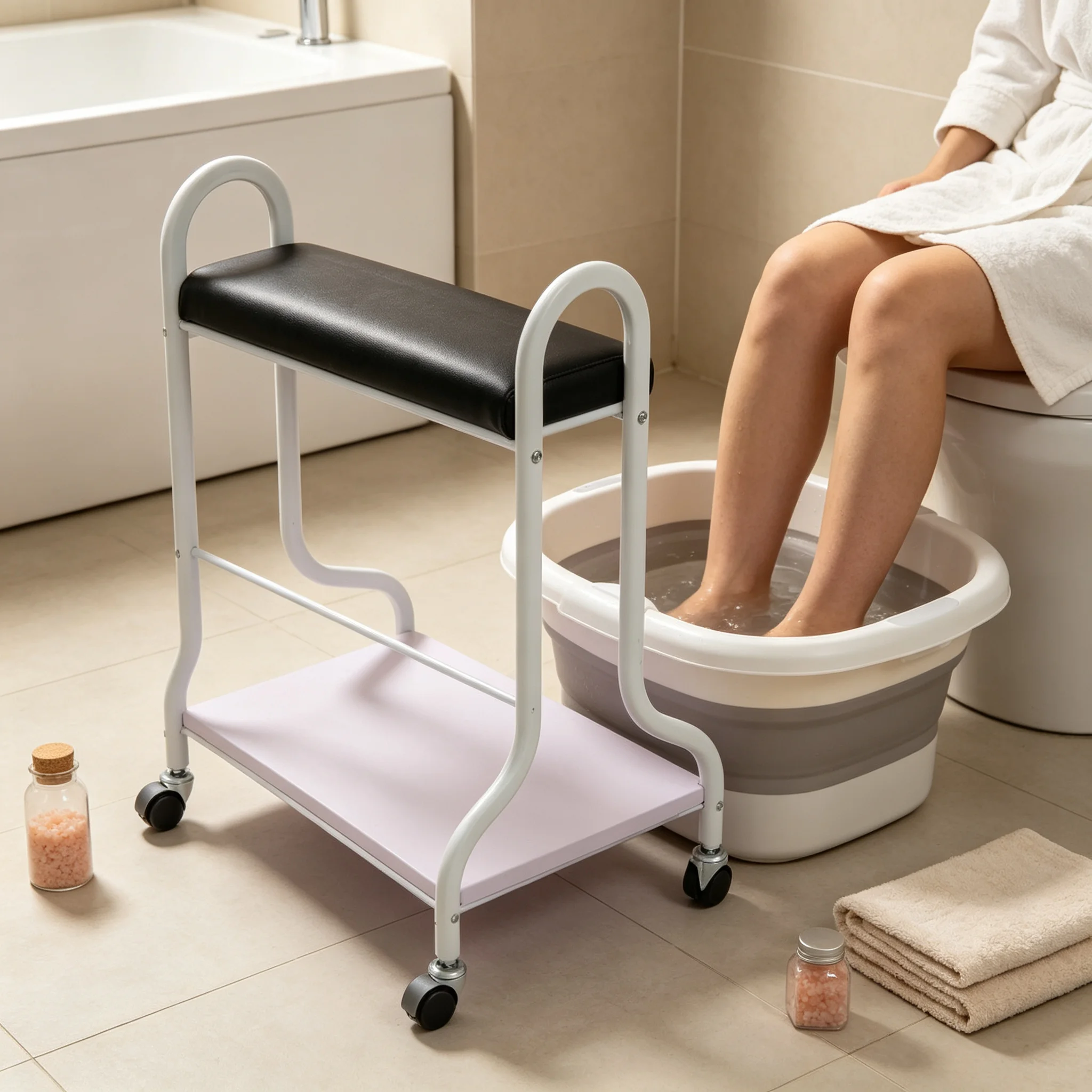 Black Rolling Foot Basin Cart with Wheels, Portable Foot Bath Spa Trolley, Mobile Storage Organizer for Beauty Salon, Pedicure Shop, Household