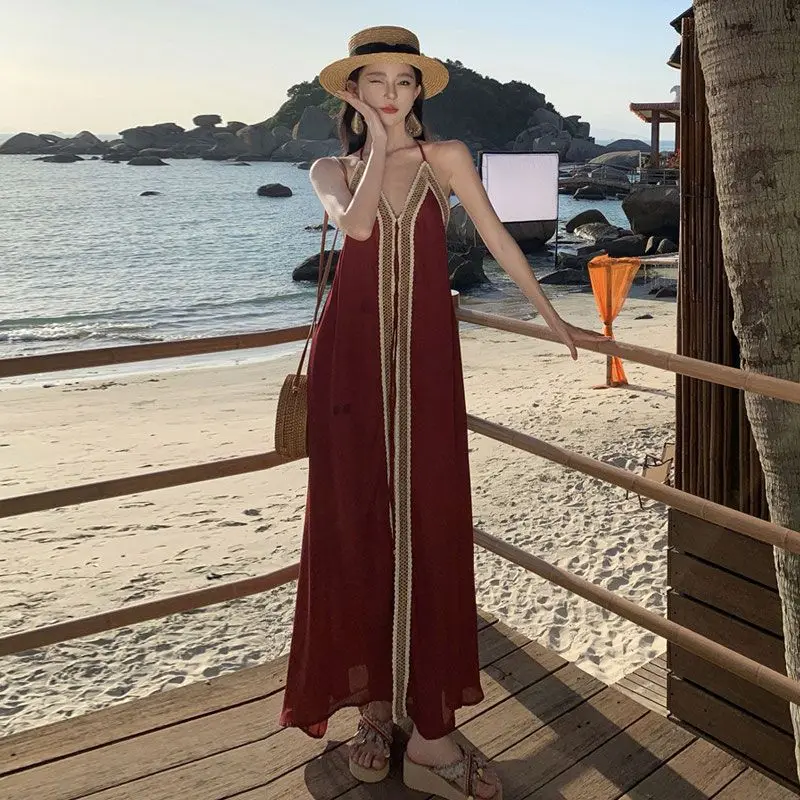 

Korea Women Red Patchwork Low-cut Backless Long Dress Vintage Bandage Pleated Dress Summer Party Sundress Vestidos Harajuku Boho