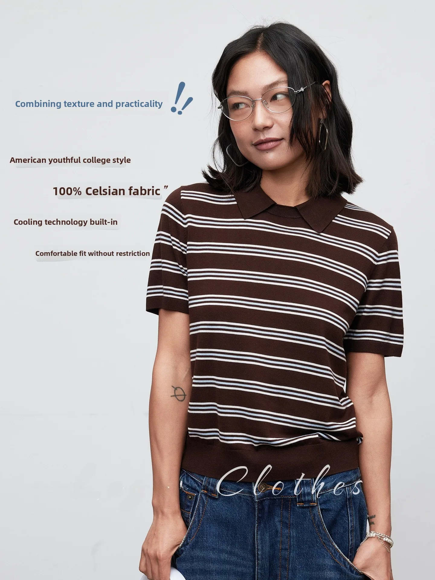 Lagur Limited Edition 100% Lyocell American Preppy College Style Striped Knitted Collared Loose Short Sleeve Women's T-shirt