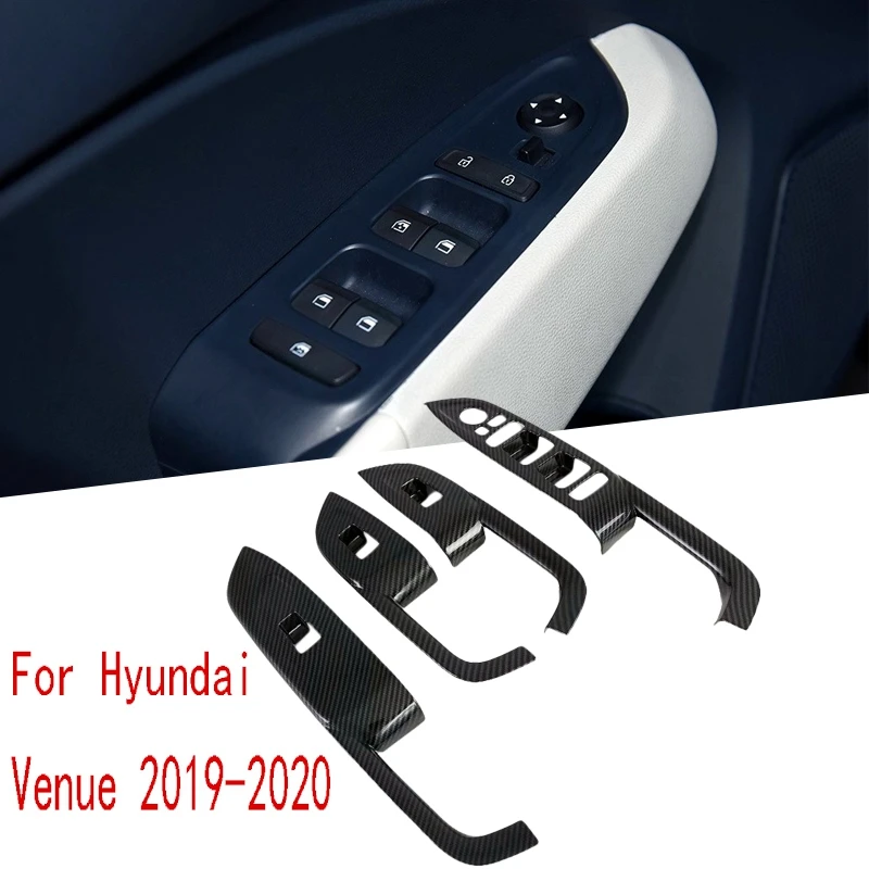 1 Set Carbon Fiber Interior Door Armrest Window Lift Switch Panel Cover Trim For Hyundai Venue 2019-2020