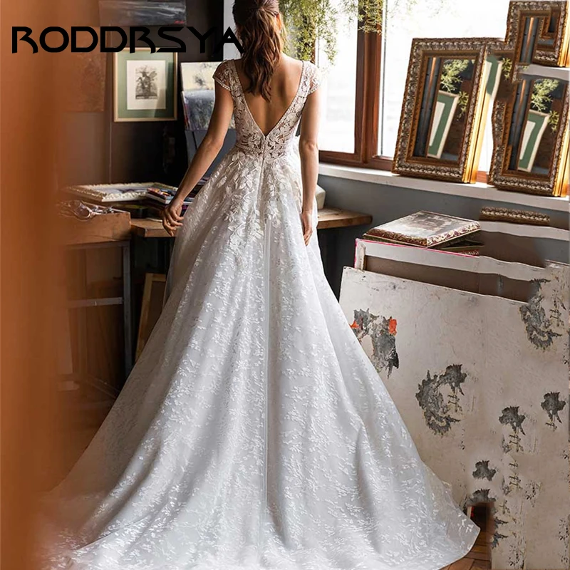 RODDRSYA-Robe de mariée dos nu à col en V sexy, manches cape élégantes, robe de patients A-ligne, appliques de tulle romantiques, 2023-Robe de mariée dos nu à col en V sexy, manches cape élégantes, robe de patients A-l