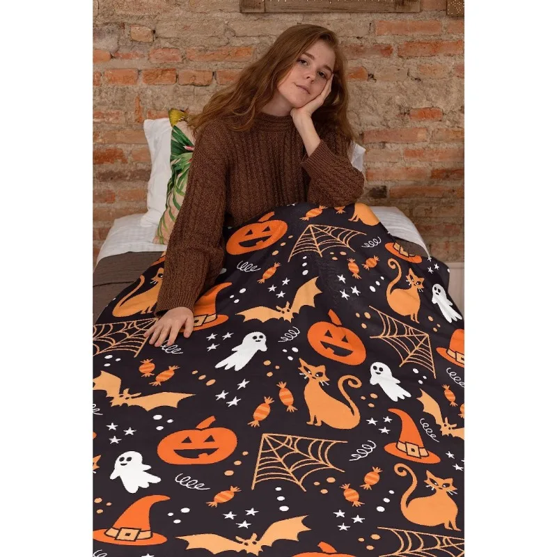 

Cozy Halloween Flannel Throw Blanket Pumpkin and Spider Web Design with Black Background Soft and Warm for Home Decoration