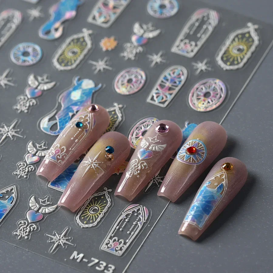 Mermaid Moon Star Sea Wave Snake Flower Nail Art Stickers Geometric Frosted Glass Totem Rococo Heart Photo Frame Manicure Decals