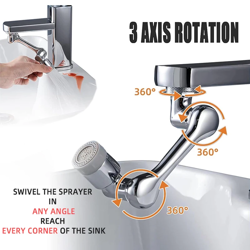 Universal 1080° Alloy Swivel Robotic Arm Extension Faucet for Kitchen Bathroom Faucet Aerator 2 Water Flow Mode