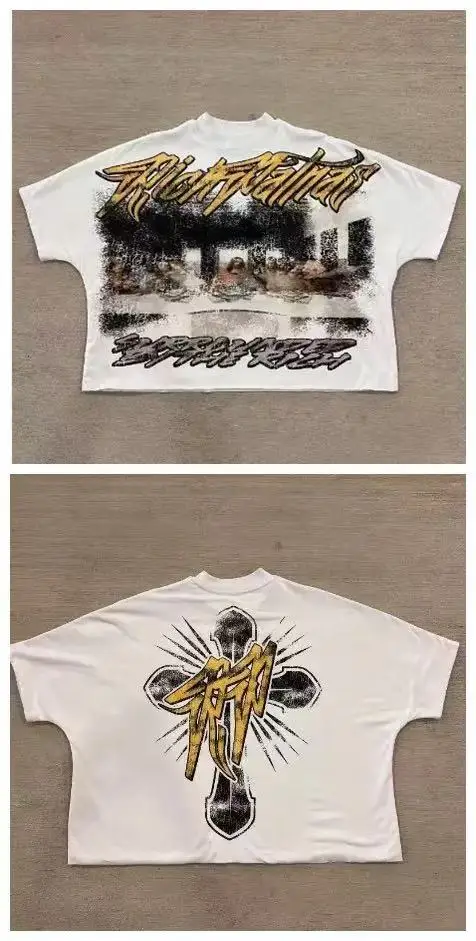 

European and American Gothic street letters fashion print solid color T-shirt neutral retro casual cotton seventh-sleeve top