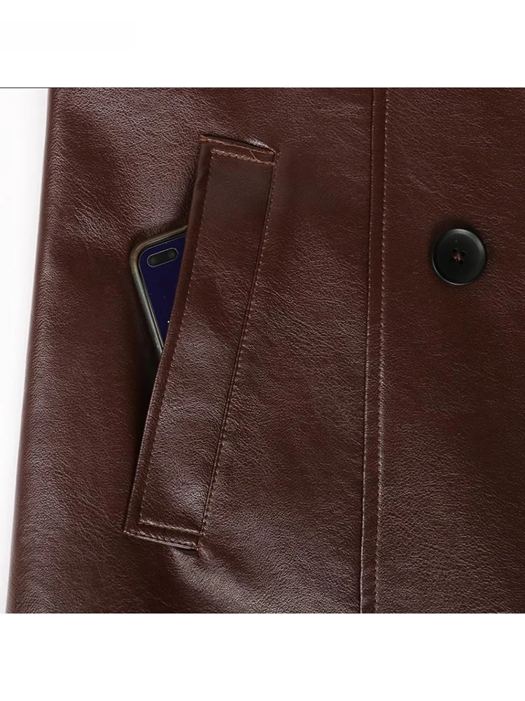 Cappotto Lungo in Pelle PU da Donna Nerazzurri con Cintura e Bottoni a Doppia Fila, Marrone, Elegante per il Pendolarismo, Nuovo Stile 202