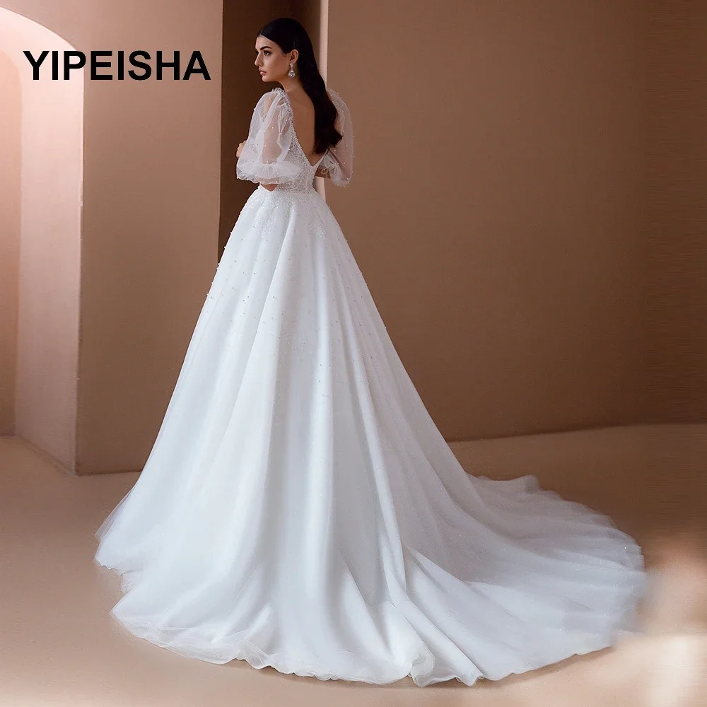 Abito da sposa bohémien personalizzato con maniche a palloncino, abito da sposa, gilet con perle a cuore, fascino personalizzato, leader della tendenza