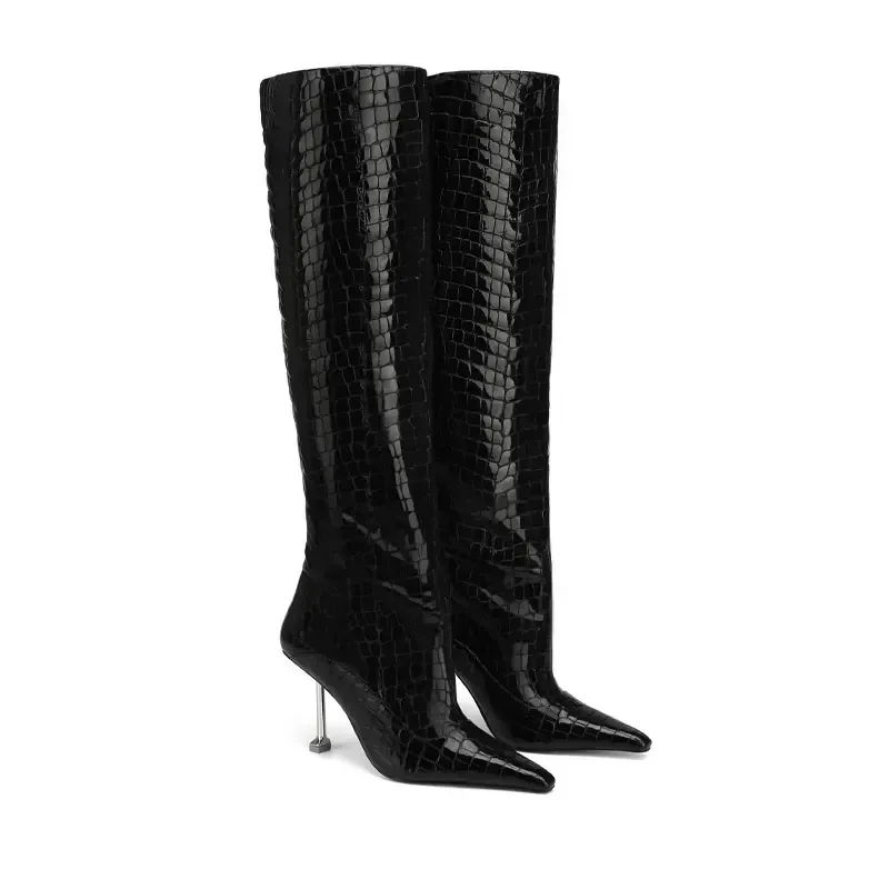 2024 Autumn Winter New Fashion Metal Heel Knee Boots for Women Europe America Sexy Pointed Slip-on Party Big Size Shoes 43 44