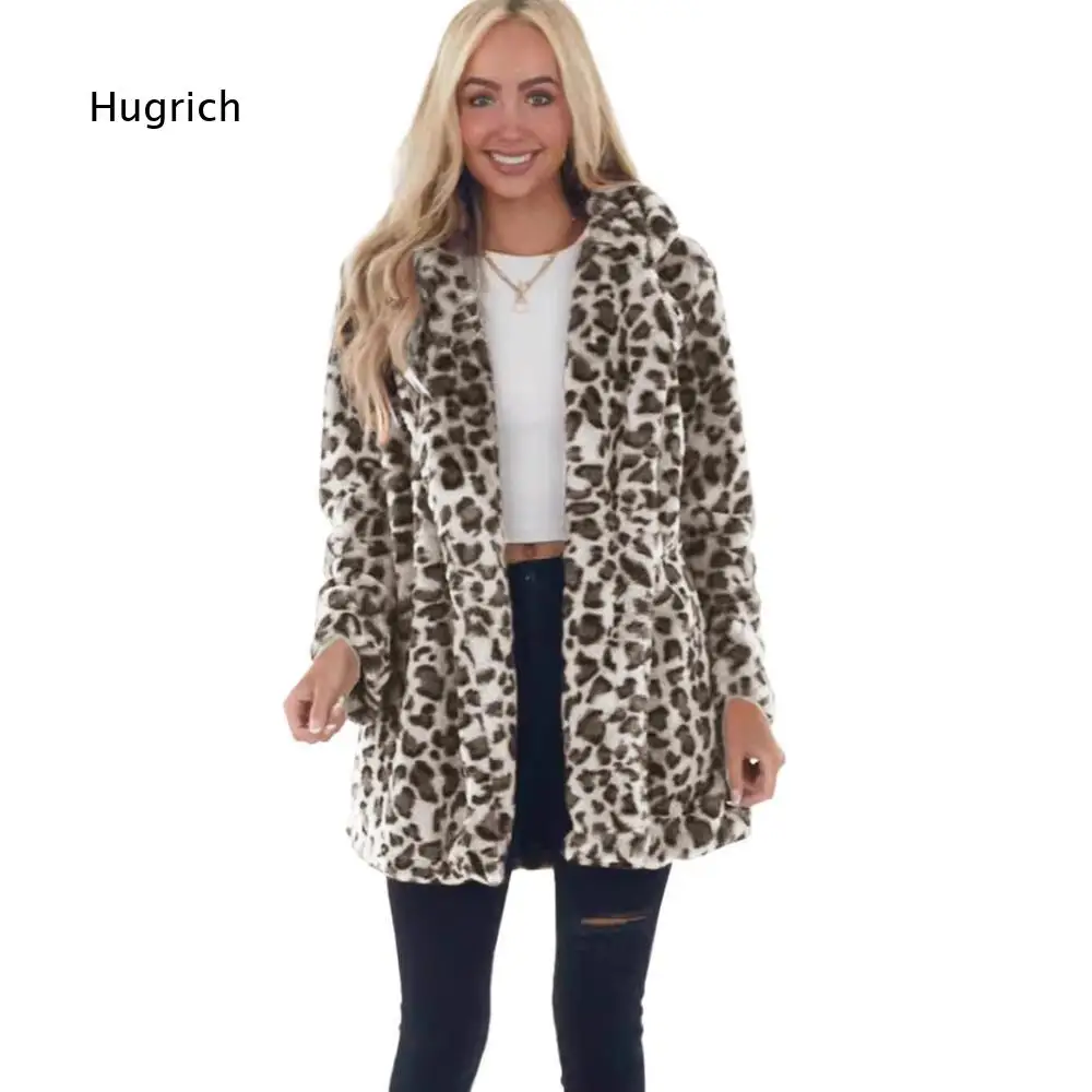 Women Loose Fuzzy Hooded Outer Piece Leopard Print Open Front Design Long Sleeve Mid Coat With Convenient Side Pockets