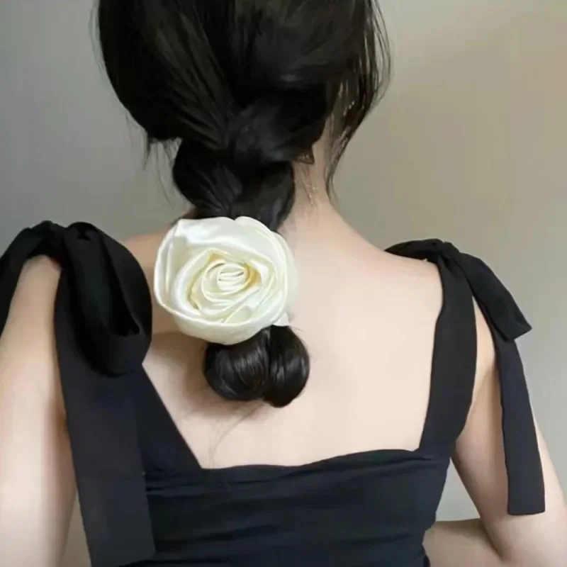 Rose Flower Head Rope French Style Retro Gentle Large Flower Intestine Hair Ring Artistic Satin Gloss Hair Scrunchies Woman