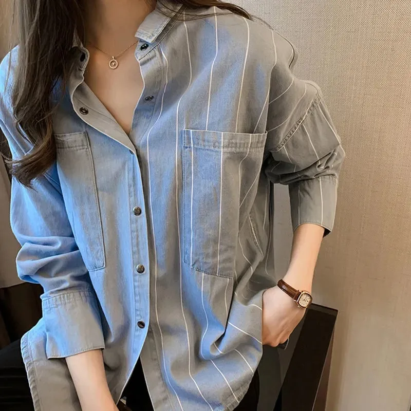 

Women's Vintage Striped Denim Shirt Long Sleeve Loose Casual Button Down Blouse Jacket