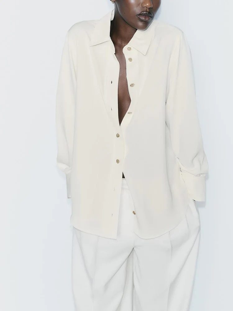 Automne nouveauté femmes décontracté irt bouton doré Long Sve col rabattu drapé trajet Sle Premium dames Blouse