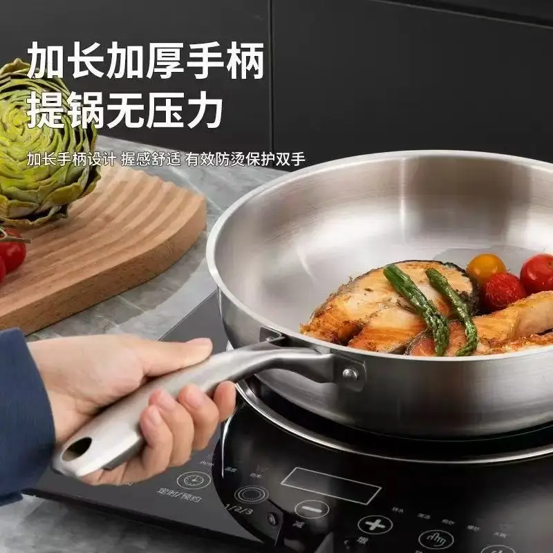 Stainless Steel Frying Pan Wok Uncoated Home Thickened NonStick Cook Pot Gas Stove Induction Universal Saucepan Kitchen Cookware