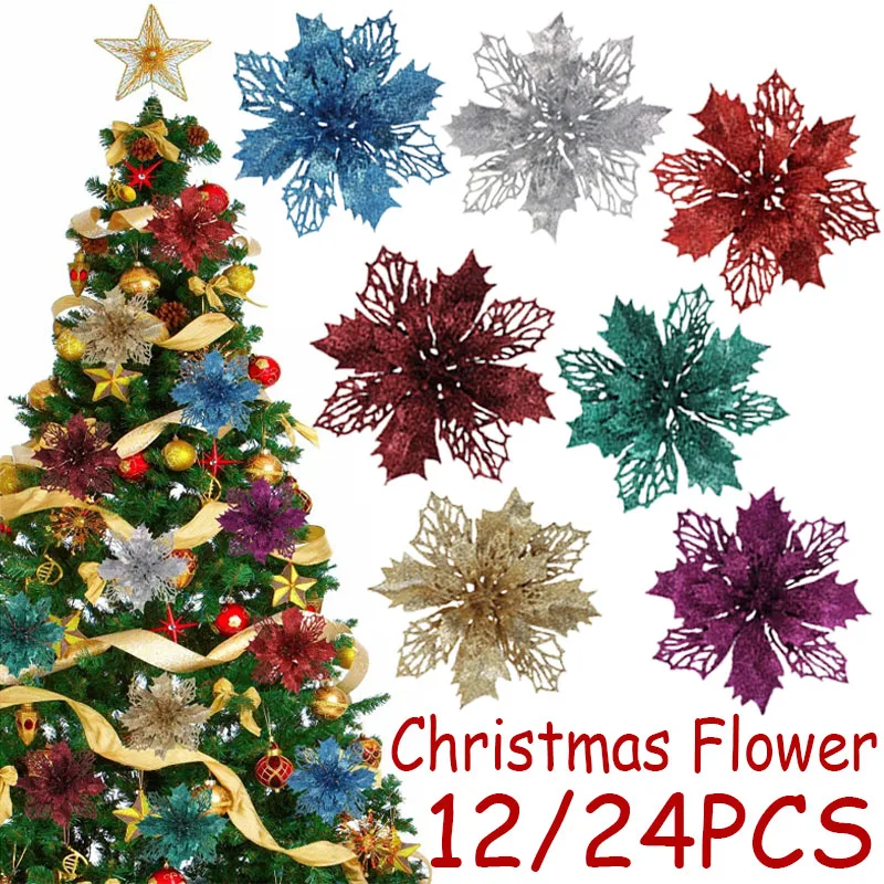 

12/24Pcs Glitter Pink Christmas Flowers Xmas Tree 15cm Artifical Flower Ornaments 2026 Christmas Decoration For Home New Year