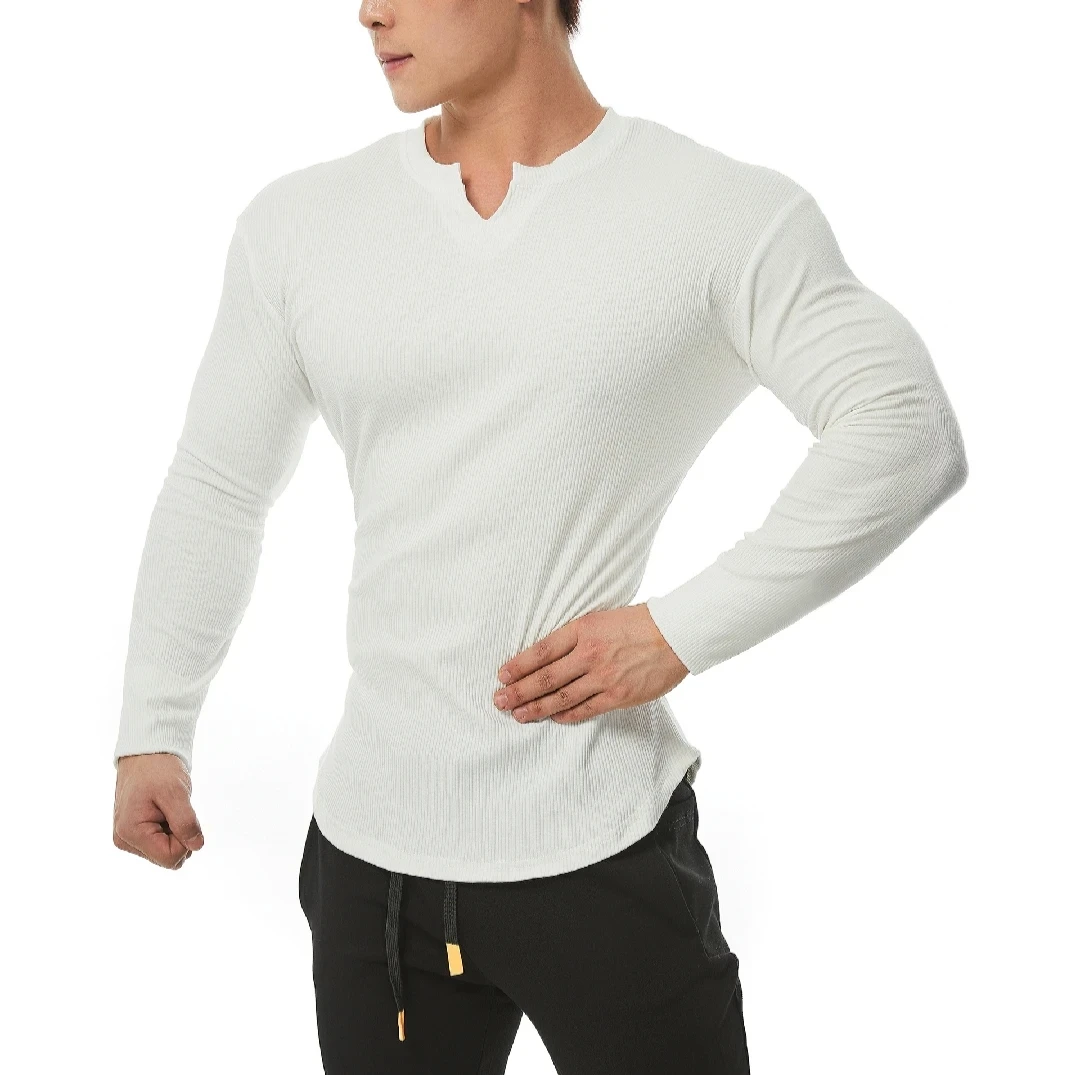 2024 Sports Long sleeved T-shirt Men\'s V-neck Tight, Moisture wicking, High Elastic Ironing Training Running and Fitness Bottom