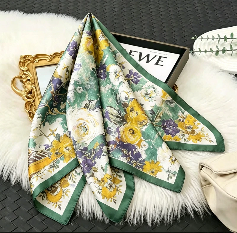 

New Oil Painting Style Flower Style Mulberry Silk Square Scarf Green Versatile Printing Light and Pastoral Silk Scarf