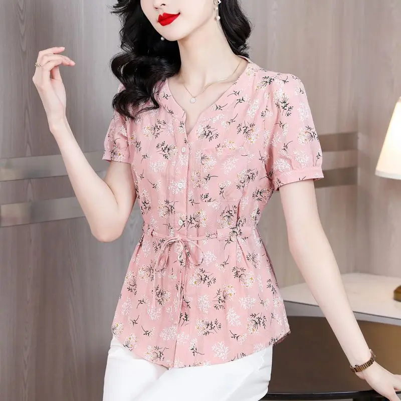 

Summer New Fashion Short Sleeve Unique Waist-Tied Floral Blouse