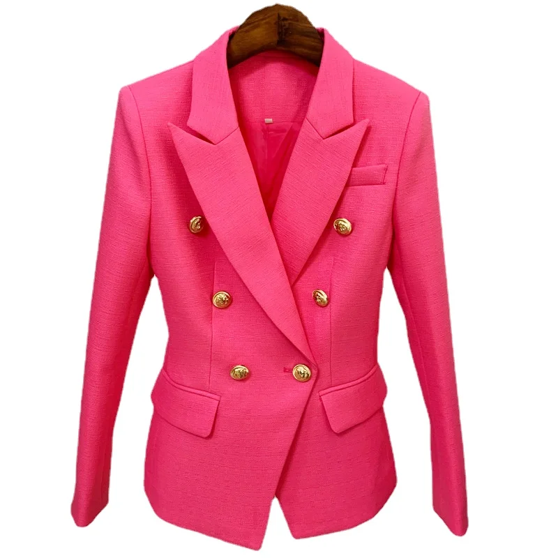 

2024 Elegant Women's Blazers Spring New in Outerwears Ladies Metal Lion's Head Buckle Linen Rose Reds Lim-fit Suit