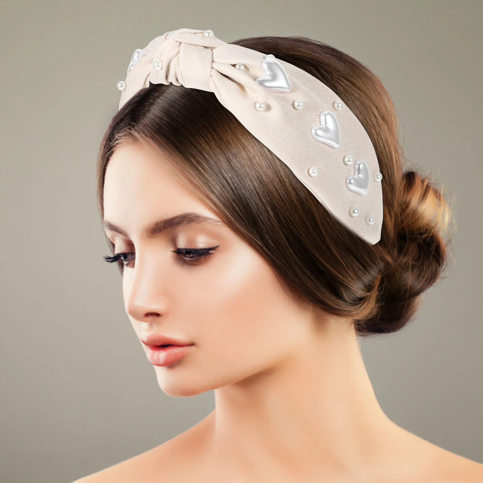 

Heart Pearl Knotted Headband Women Cloth Hairband Non-Slip Soft Headband for Face Washing Makeup Stylish Hair Accessories