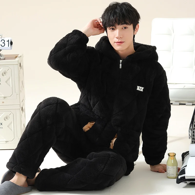 Newest Winter Men Pajamas Set Thick Warm Mens Solid Sleepwear 3 Layer Clip Cotton Hooded Pyjamas Male Homewear