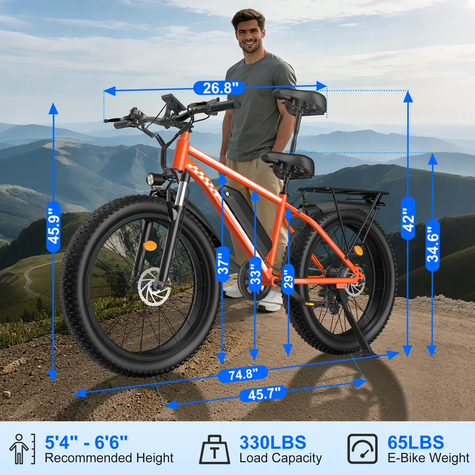 OBX Peak 1000W Electric Bicycle 48V 15Ah Battery 32mph E-Bike with 26x4 Inch Off-Road Tires Mountain Ebike Snowmobile Bike image 8