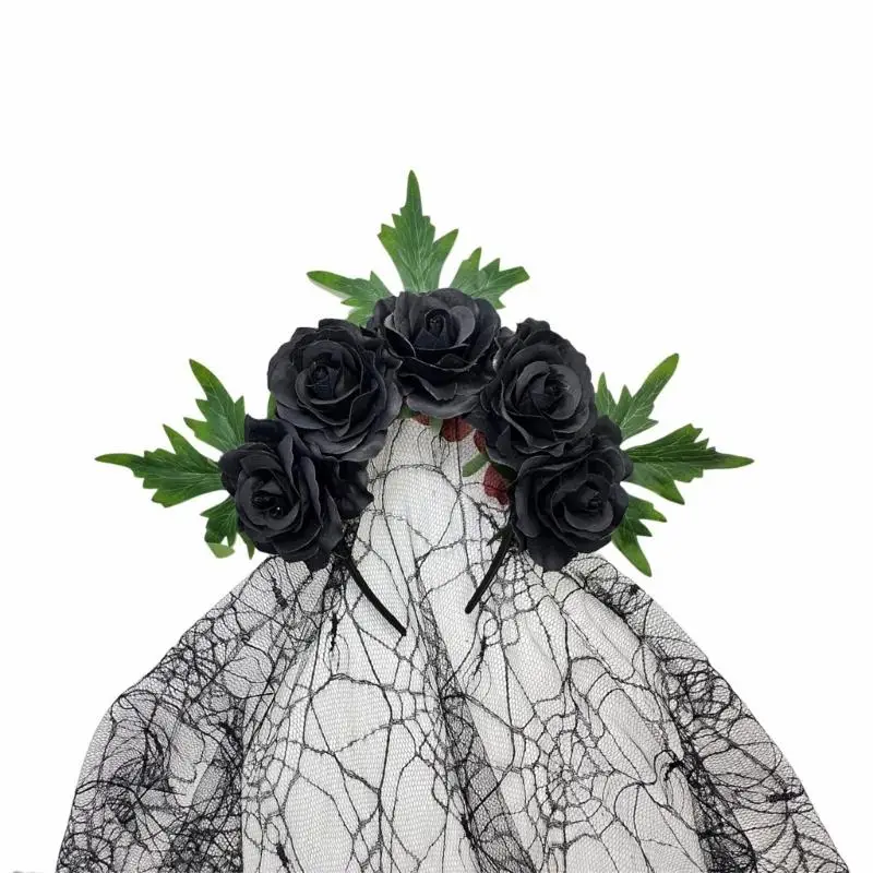 

A52E Delicate Hairband With Roses And Tulle Cosplays Headbands Cosplays Accessories Headbands For Costume Competitions