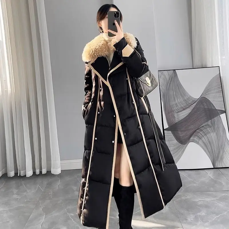 Winter Neue Design Lange Ente Unten Jacke Mäntel Weibliche Verdicken Parkas Mantel Schwarz Große Pelz Kragen Lose Schnee Unten Jacke Frauen