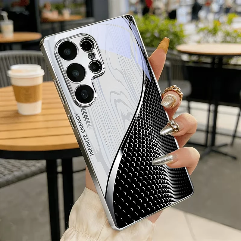 Monochrome Tech Wave Electroplated Silver Phone Case For Samsung S23 Ultra S21 S22 FE S20 Plus S24 S25 S26 Note 10 20 Back Cover
