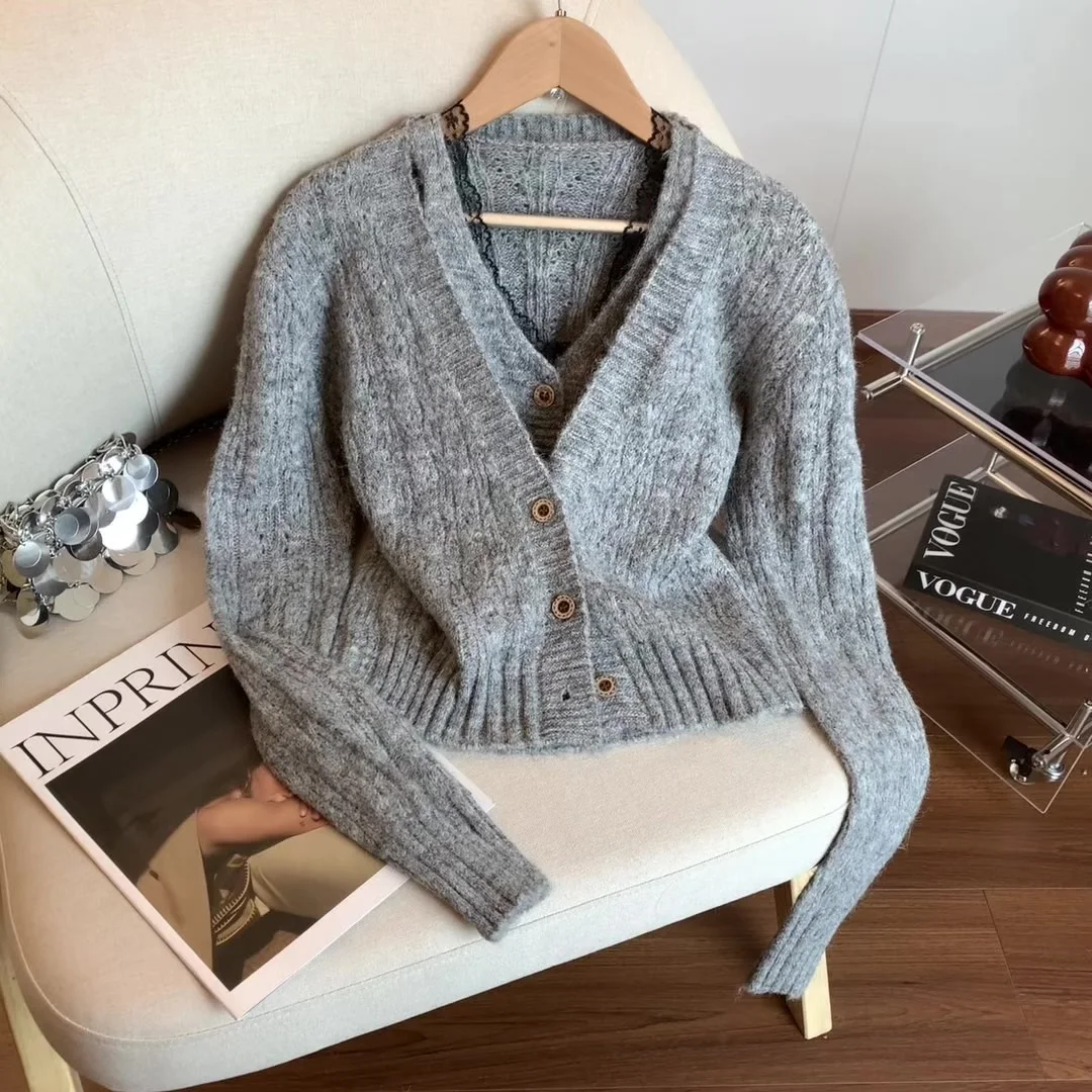 

Women's Grey Cardigan Sweater 2 Piece Set Vintage 2000s Y2k V-Neck Jumper Knitwear Long Sleeves Cashmere Sweater Autumn Clothes