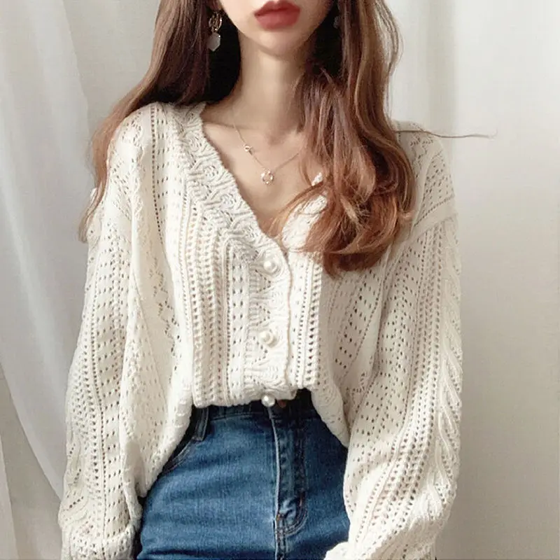 2024 New Summer Harajuku Retro Aesthetic Office Lady Coat Women Hollow Out Button Simplicity Knitting V Neck Long Sleeve Tops