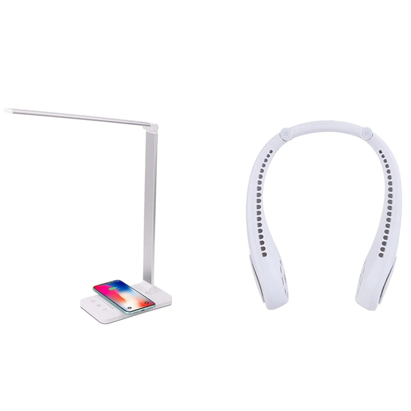 

Bluetooth Neck Fan,Portable Neck Fan White & LED Desk Lamp With Wireless Charger, USB Charging Port