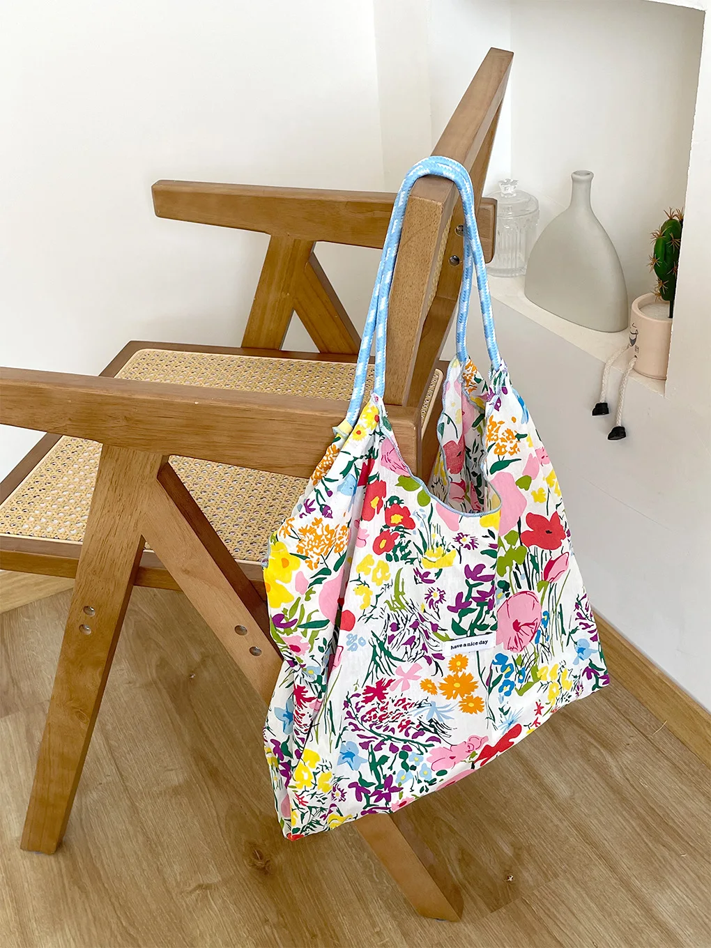 Retro Floral Women\'s Cotton Cloth Shoulder Bags Large Capacity Ladies Tote Shopping Bag Casual Drawstring Female Purse Handbags