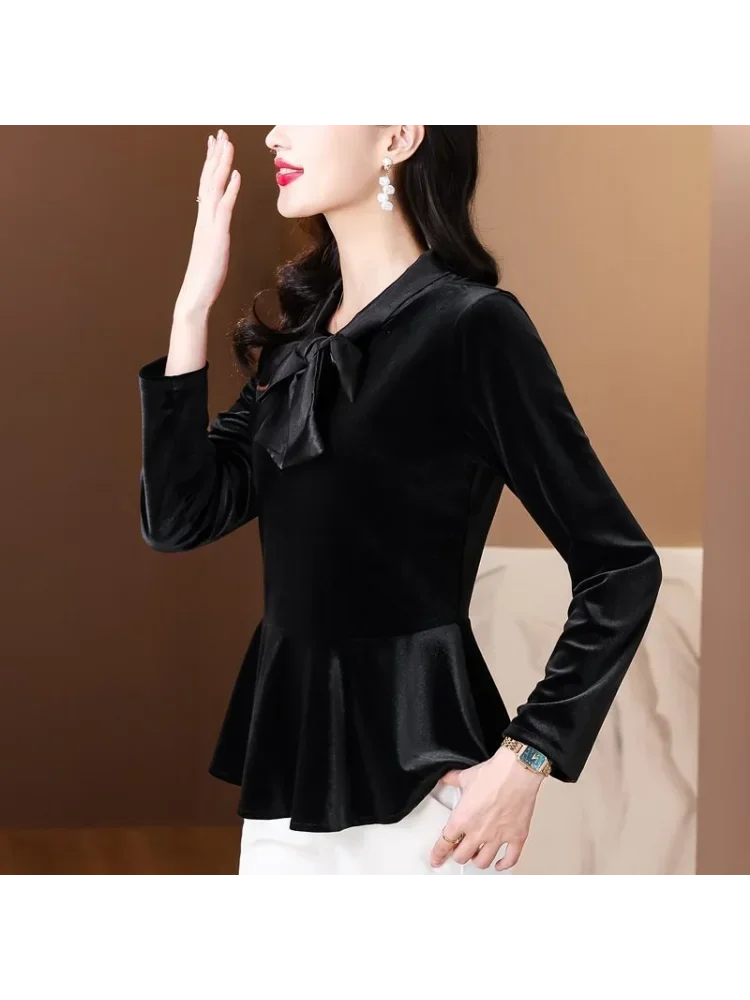 Gold Velvet Top Noble and Fashionable Bow Shirt Women's New Waist-hugging Skirt