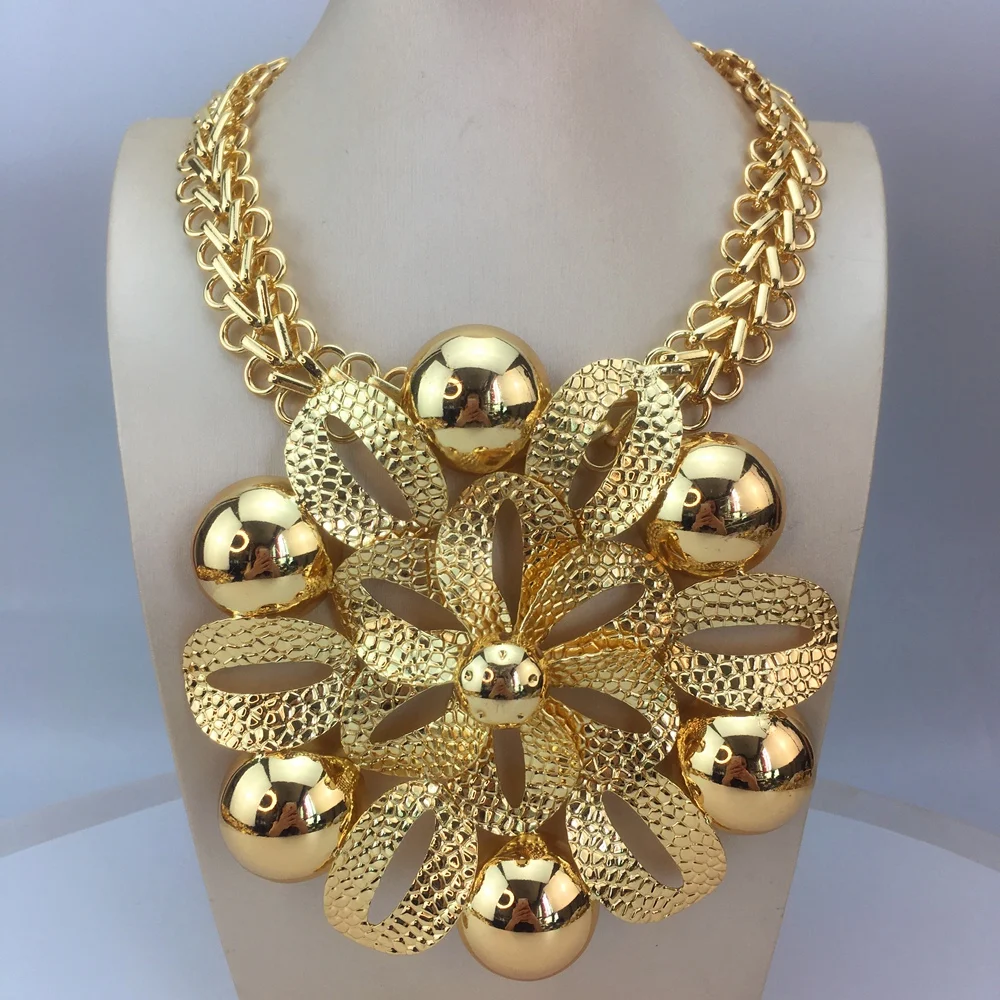 New Fashion Trendy Women Jewelry Set Brazilian Gold-Plated African Wedding Bridal Big Flower Pendant Necklace Gifts FHK18838